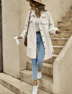 Women's Casual Jacket Street Daily Wear Fall Winter Regular Coat Loose Fit Warm Breathable Comtemporary Stylish Plush Jacket Long Sleeve Solid Color with Pockets Print Light Brown Khaki