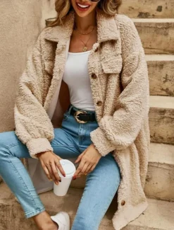 Women's Casual Jacket Street Daily Wear Fall Winter Regular Coat Loose Fit Warm Breathable Comtemporary Stylish Plush Jacket Long Sleeve Solid Color with Pockets Print Light Brown Khaki