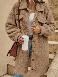 Women's Casual Jacket Street Daily Wear Fall Winter Regular Coat Loose Fit Warm Breathable Comtemporary Stylish Plush Jacket Long Sleeve Solid Color with Pockets Print Light Brown Khaki