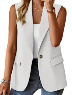 Women's Casual Jacket Vest Comfortable Breathable Pocket Buttons Casual Plain Vacation Street Casual Daily Wear Single Breasted Regular Lapel Regular Fit Sleeveless Outerwear Black White Red Summer