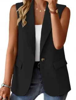 Women's Casual Jacket Vest Comfortable Breathable Pocket Buttons Casual Plain Vacation Street Casual Daily Wear Single Breasted Regular Lapel Regular Fit Sleeveless Outerwear Black White Red Summer