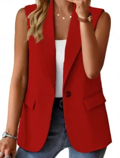 Women's Casual Jacket Vest Comfortable Breathable Pocket Buttons Casual Plain Vacation Street Casual Daily Wear Single Breasted Regular Lapel Regular Fit Sleeveless Outerwear Black White Red Summer
