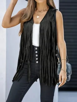 Women's Casual Jacket Vest Breathable Comfortable Tassel Casual Plain Vacation Street Casual Daily Wear Open Front Regular V Neck Regular Fit Sleeveless Outerwear Black Pink Sky Blue Summer