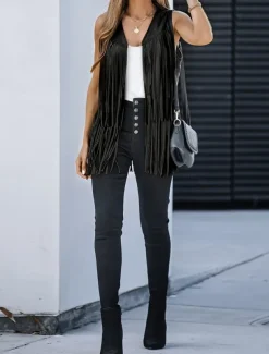 Women's Casual Jacket Vest Breathable Comfortable Tassel Casual Plain Vacation Street Casual Daily Wear Open Front Regular V Neck Regular Fit Sleeveless Outerwear Black Pink Sky Blue Summer