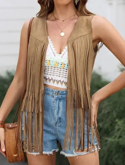 Women's Casual Jacket Vest Breathable Comfortable Tassel Casual Plain Vacation Street Casual Daily Wear Open Front Regular V Neck Regular Fit Sleeveless Outerwear Black Pink Sky Blue Summer