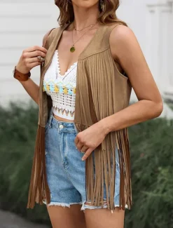 Women's Casual Jacket Vest Breathable Comfortable Tassel Casual Plain Vacation Street Casual Daily Wear Open Front Regular V Neck Regular Fit Sleeveless Outerwear Black Pink Sky Blue Summer