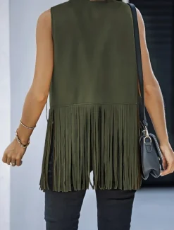 Women's Casual Jacket Vest Breathable Comfortable Tassel Casual Plain Vacation Street Casual Daily Wear Open Front Regular V Neck Regular Fit Sleeveless Outerwear Black Pink Sky Blue Summer