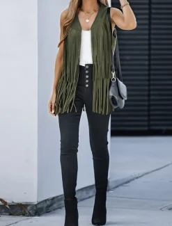 Women's Casual Jacket Vest Breathable Comfortable Tassel Casual Plain Vacation Street Casual Daily Wear Open Front Regular V Neck Regular Fit Sleeveless Outerwear Black Pink Sky Blue Summer