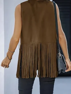 Women's Casual Jacket Vest Breathable Comfortable Tassel Casual Plain Vacation Street Casual Daily Wear Open Front Regular V Neck Regular Fit Sleeveless Outerwear Black Pink Sky Blue Summer