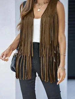 Women's Casual Jacket Vest Breathable Comfortable Tassel Casual Plain Vacation Street Casual Daily Wear Open Front Regular V Neck Regular Fit Sleeveless Outerwear Black Pink Sky Blue Summer