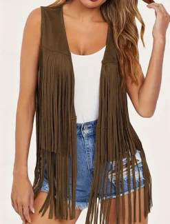 Women's Casual Jacket Vest Breathable Comfortable Tassel Casual Plain Vacation Street Casual Daily Wear Open Front Regular V Neck Regular Fit Sleeveless Outerwear Black Pink Sky Blue Summer