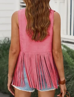 Women's Casual Jacket Vest Breathable Comfortable Tassel Casual Plain Vacation Street Casual Daily Wear Open Front Regular V Neck Regular Fit Sleeveless Outerwear Black Pink Sky Blue Summer