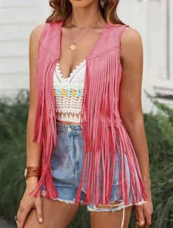 Women's Casual Jacket Vest Breathable Comfortable Tassel Casual Plain Vacation Street Casual Daily Wear Open Front Regular V Neck Regular Fit Sleeveless Outerwear Black Pink Sky Blue Summer