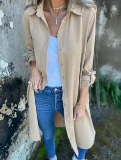 Women's Casual Jacket Warm Breathable Buttons Casual Plain Vacation Street Daily Wear Going out Single Breasted Long Lapel Regular Fit Long Sleeve Outerwear Black White Khaki Spring Fall