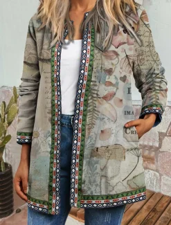 Women's Casual Jacket Windproof Warm Pocket Color Block Open Front with Pockets Modern Floral Casual Daily Casual Daily Short Crewneck Regular Fit Long Sleeve Outerwear Red Blue Khaki Fall