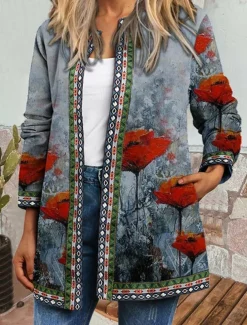 Women's Casual Jacket Windproof Warm Pocket Color Block Open Front with Pockets Modern Floral Casual Daily Casual Daily Short Crewneck Regular Fit Long Sleeve Outerwear Red Blue Khaki Fall