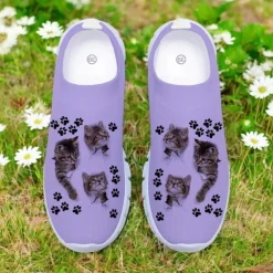 Women's Cat and Cat Paw Print Flyknit Sneakers - Lightweight Breathable Casual Shoes for Fitness and Everyday Wear