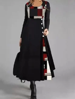 Women's Causal Dress A-Line Dress Geometric Patchwork Button Long Sleeve Round Neck Black Red Work Fall Winter Soft Comfortable Regular