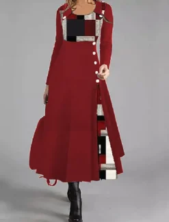 Women's Causal Dress A-Line Dress Geometric Patchwork Button Long Sleeve Round Neck Black Red Work Fall Winter Soft Comfortable Regular