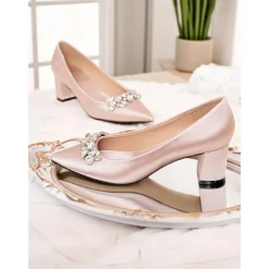Women's Champagne Satin Pointed Toe Wedding Pumps with Chunky Mid Heels and Crystal Embellishment - Elegant Bridal Dress Shoes for Bride Ceremony Reception and Bridesmaids