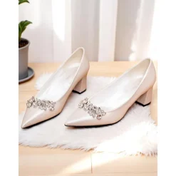 Women's Champagne Satin Pointed Toe Wedding Pumps with Chunky Mid Heels and Crystal Embellishment - Elegant Bridal Dress Shoes for Bride Ceremony Reception and Bridesmaids