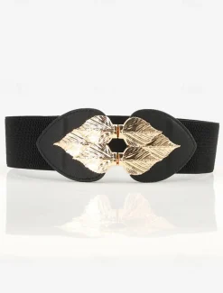 Women's Chic Black Elastic Waist Belt with Gold Leaf Buckle – Stylish Accessory for Dresses and Formal Outfits