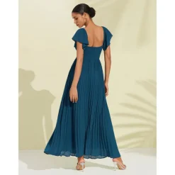 Women's Chiffon Wedding Guest Maxi Dress Elegant Blue Sweetheart Pleated V-Neck Short Sleeve A-Line Formal Evening Dress
