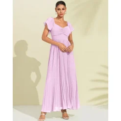 Women's Chiffon Wedding Guest Maxi Dress Elegant Blue Sweetheart Pleated V-Neck Short Sleeve A-Line Formal Evening Dress