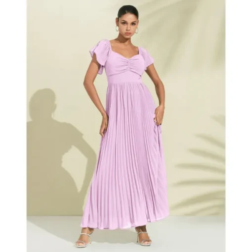 Women's Chiffon Wedding Guest Maxi Dress Elegant Blue Sweetheart Pleated V-Neck Short Sleeve A-Line Formal Evening Dress