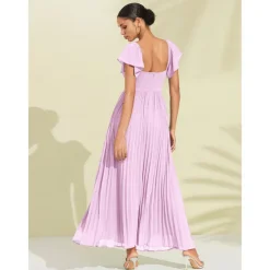 Women's Chiffon Wedding Guest Maxi Dress Elegant Blue Sweetheart Pleated V-Neck Short Sleeve A-Line Formal Evening Dress