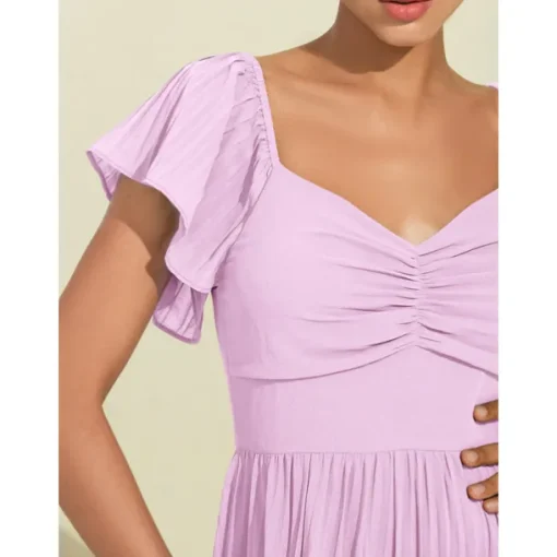 Women's Chiffon Wedding Guest Maxi Dress Elegant Blue Sweetheart Pleated V-Neck Short Sleeve A-Line Formal Evening Dress