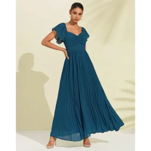 Women's Chiffon Wedding Guest Maxi Dress Elegant Blue Sweetheart Pleated V-Neck Short Sleeve A-Line Formal Evening Dress