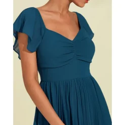 Women's Chiffon Wedding Guest Maxi Dress Elegant Blue Sweetheart Pleated V-Neck Short Sleeve A-Line Formal Evening Dress