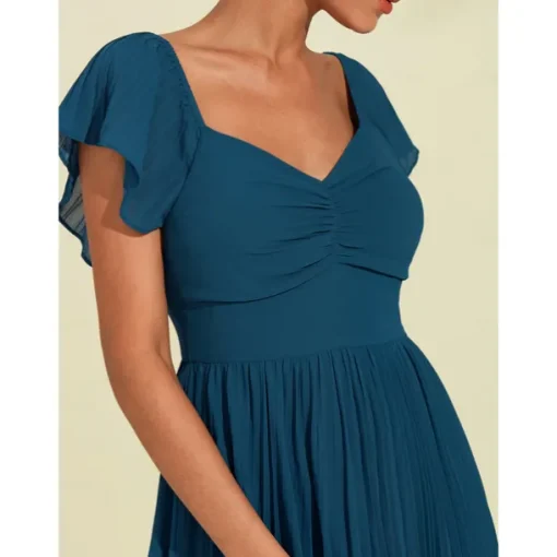Women's Chiffon Wedding Guest Maxi Dress Elegant Blue Sweetheart Pleated V-Neck Short Sleeve A-Line Formal Evening Dress
