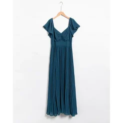 Women's Chiffon Wedding Guest Maxi Dress Elegant Blue Sweetheart Pleated V-Neck Short Sleeve A-Line Formal Evening Dress