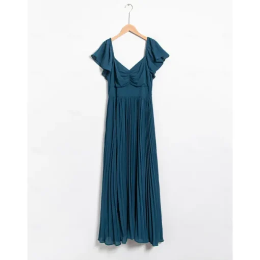 Women's Chiffon Wedding Guest Maxi Dress Elegant Blue Sweetheart Pleated V-Neck Short Sleeve A-Line Formal Evening Dress