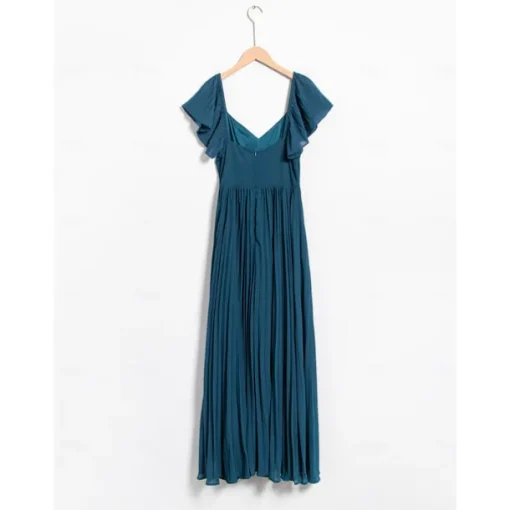 Women's Chiffon Wedding Guest Maxi Dress Elegant Blue Sweetheart Pleated V-Neck Short Sleeve A-Line Formal Evening Dress