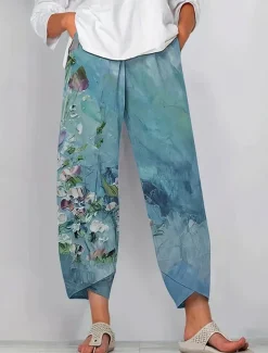 Women's Chinos Baggy Pants Vacation Vintage Ethnic Style Ankle-Length High Waist Floral Graphic Gradient Patchwork Drawstring Printing Breathable Micro-elastic Vacation Street Causal Lake blue Light