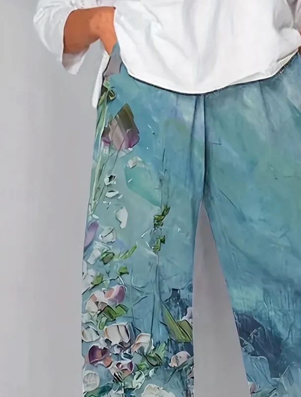 Women's Chinos Baggy Pants Vacation Vintage Ethnic Style Ankle-Length High Waist Floral Graphic Gradient Patchwork Drawstring Printing Breathable Micro-elastic Vacation Street Causal Lake blue Light