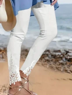 Women's Chinos Leggings Fashion Streetwear Basic Full Length High Waist Plain Lace Comfy Soft Comfortable Stretchy Outdoor Vacation Street Black White Summer Spring Slim Fit