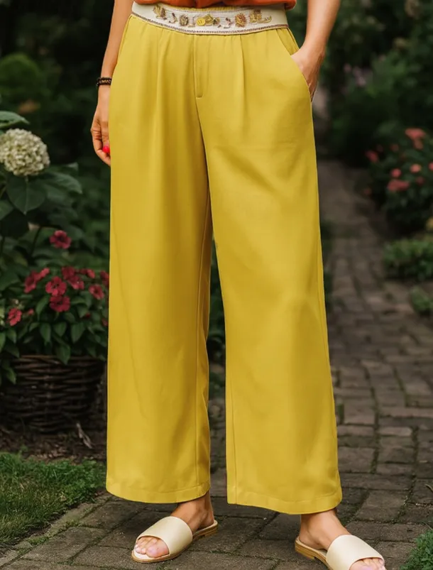 Women's Chinos Pants Trousers Vacation Vintage Fashion Full Length High Waist Floral Drawstring Embroidered Pocket Comfort Outdoor Stretchy Vacation Street Daily White Yellow Navy Blue Coffee Summer