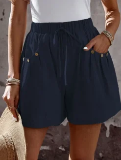 Women's Chinos Shorts Fashion Streetwear Basic Short High Waist Plain Pocket Elastic Waistband Comfy Soft Comfortable Micro-elastic Outdoor Vacation Street Navy Black White Summer Spring Regular Fit