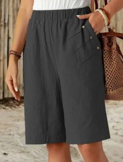 Women's Chinos Shorts Fashion Streetwear Basic Knee Length High Waist Plain Pocket Elastic Waistband Comfy Soft Comfortable Micro-elastic Outdoor Street Dark-Gray Navy Black White Summer Spring Loose