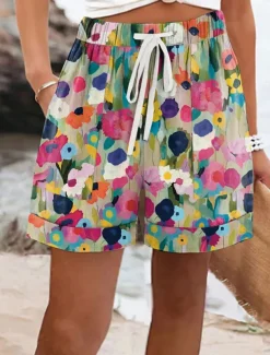 Women's Chinos Shorts Vacation Vintage Ethnic Style Short Mid Waist Floral Graphic Drawstring Elastic Waist Formal Vacation Street Pink Khaki Beige Summer Spring Regular Fit