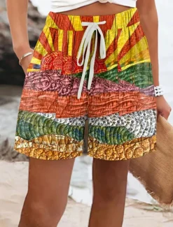 Women's Chinos Shorts Vacation Vintage Ethnic Style Short High Waist Graphic Abstract Elastic Waist Formal Vacation Street Robin's Egg Blue Orange Green Summer Spring Regular Fit