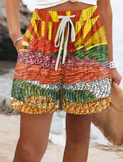Women's Chinos Shorts Vacation Vintage Ethnic Style Short High Waist Graphic Abstract Elastic Waist Formal Vacation Street Robin's Egg Blue Orange Green Summer Spring Regular Fit