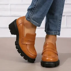 Women's Chunky Platform Loafers – Black Slip-On Round Toe Lug Sole Shoes for Casual & Office Wear