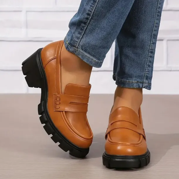 Women's Chunky Platform Loafers – Black Slip-On Round Toe Lug Sole Shoes for Casual & Office Wear