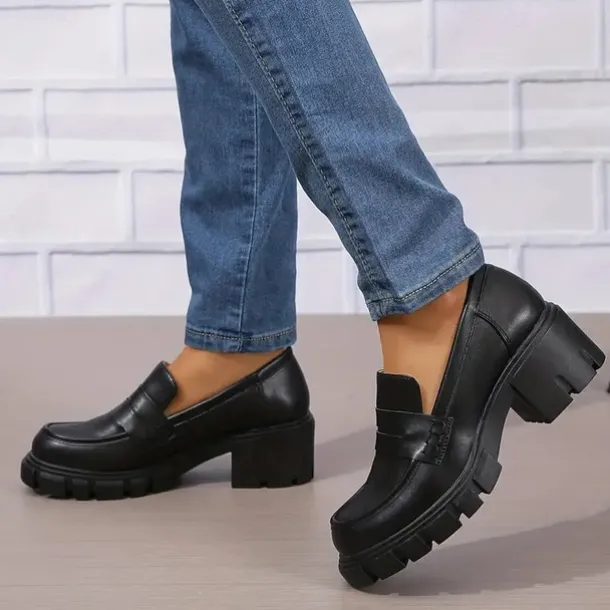 Women's Chunky Platform Loafers – Black Slip-On Round Toe Lug Sole Shoes for Casual & Office Wear