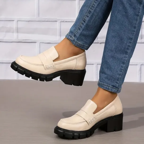 Women's Chunky Platform Loafers – Black Slip-On Round Toe Lug Sole Shoes for Casual & Office Wear